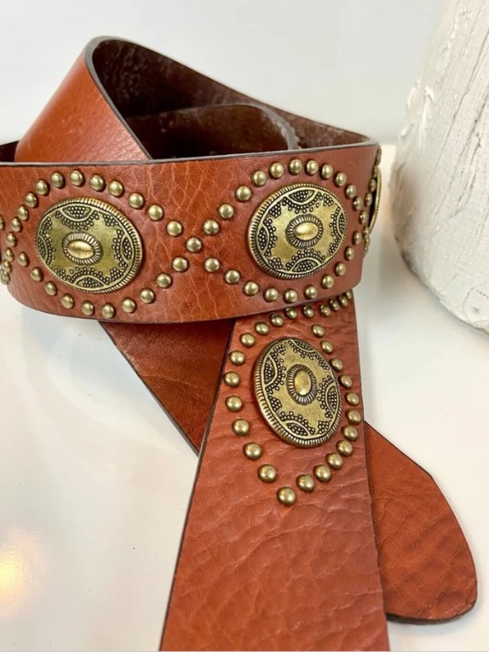Leather Concho Belt Womens Size XL Tobacco Cognac Brown Brass Double Ring Buckle